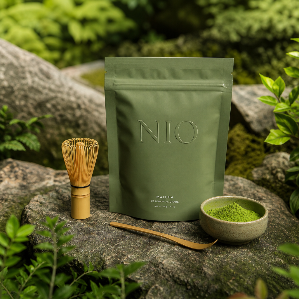 NIO ritual diario con matcha y bamboo whisk